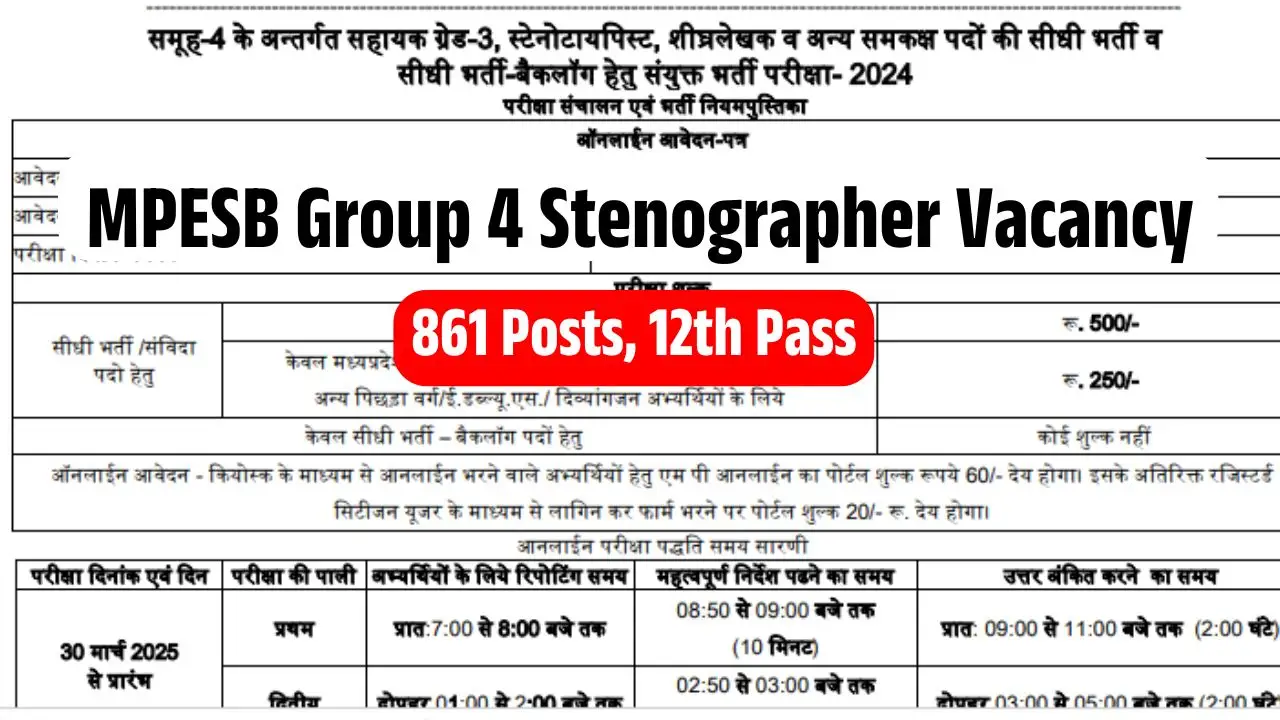 MPESB Group 4 Stenographer Recruitment 2025 एमपी व्यापम ग्रुप 4 स्टेनोग्राफर भर्ती के 861 पदों पर जल्दी करें ऑनलाइन आवेदन