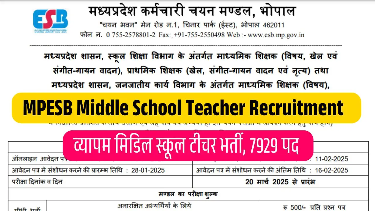 MPESB Middle School Teacher Recruitment 2025 एमपी व्यापम मिडिल स्कूल टीचर भर्ती के 7929 पदों पर जल्दी करें ऑनलाइन आवेदन