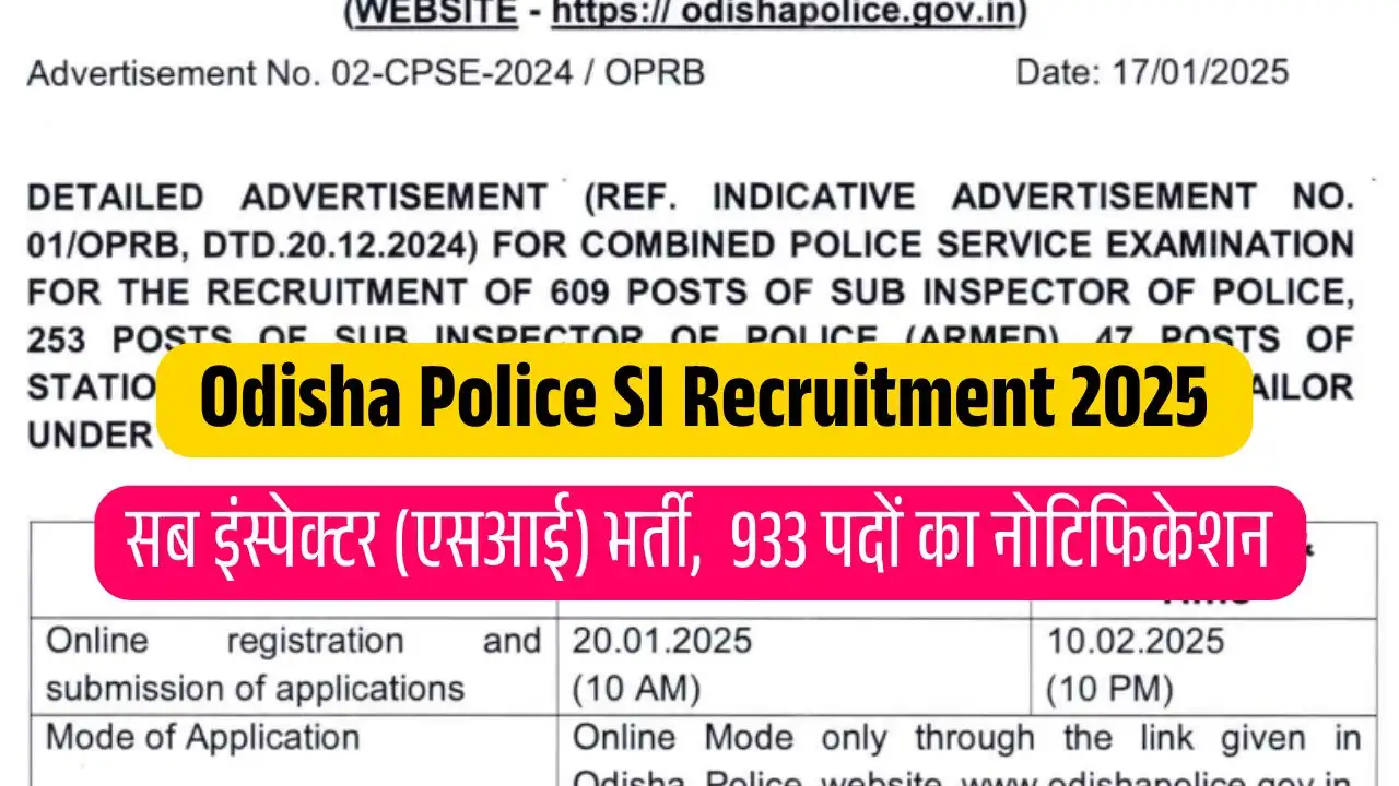 Odisha Police SI Recruitment 2025 ओडिशा पुलिस सब इंस्पेक्टर (एसआई) भर्ती के 933 पदों पर जल्दी करें ऑनलाइन आवेदन