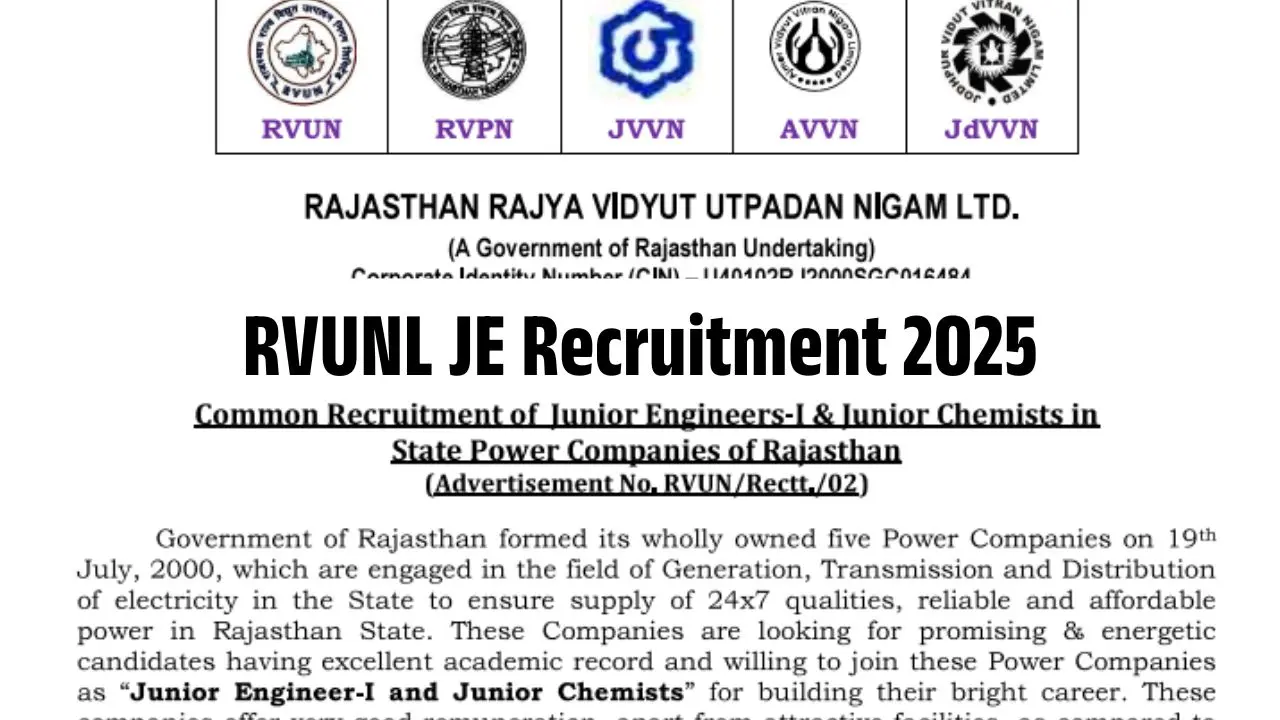 RVUNL JE Recruitment 2025 आरवीयूएनएल जूनियर इंजीनियर (जेई) भर्ती के पदों पर जल्दी करें ऑनलाइन आवेदन