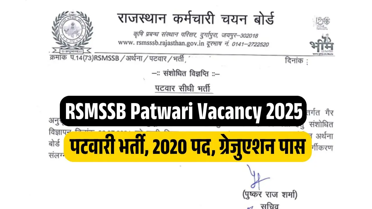 Rajasthan Patwari Recruitment 2025 RSMSSB Notification राजस्थान पटवारी भर्ती के 2020 पदों पर जल्दी करें ऑनलाइन आवेदन